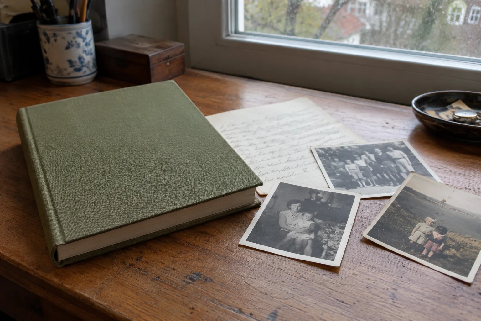 AI-generated concept of family photographs, a letter and a closed memoir beside a window