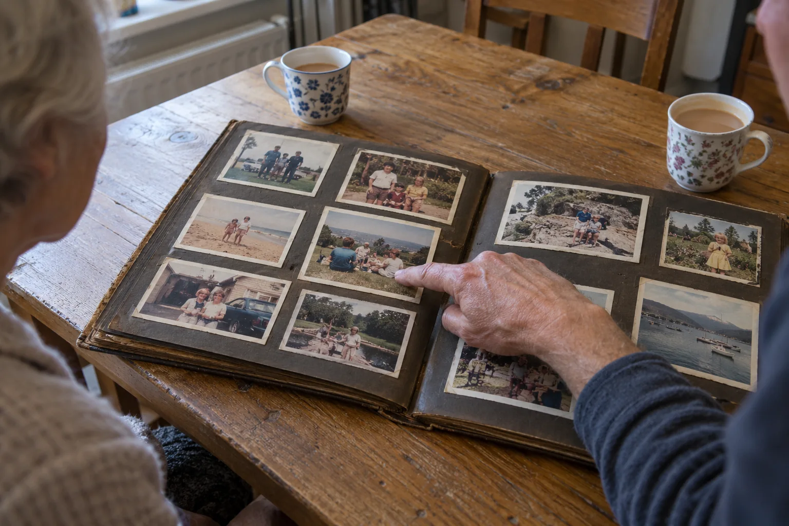 An open family photo album with worn prints and a hand pointing to one photograph