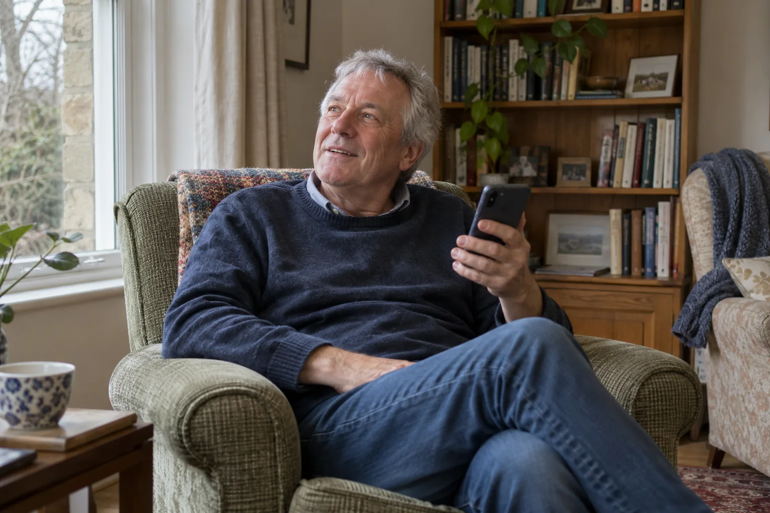 A man speaking comfortably into a phone while remembering a story at home