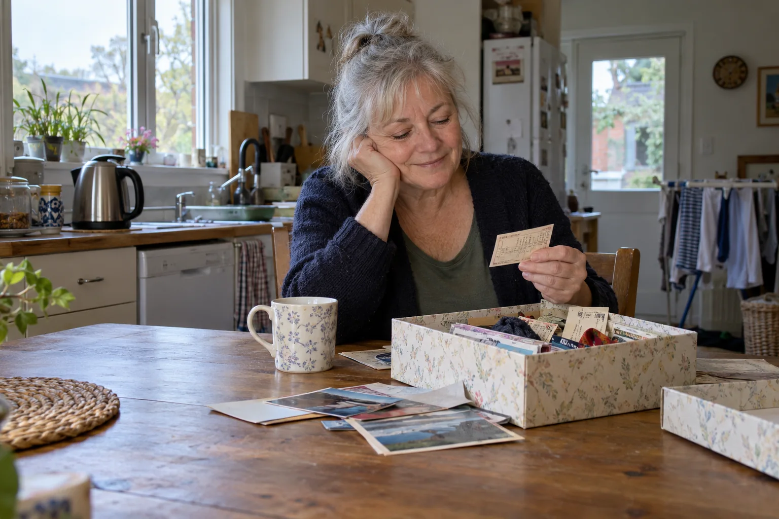 A woman reflecting on a small keepsake at her kitchen table