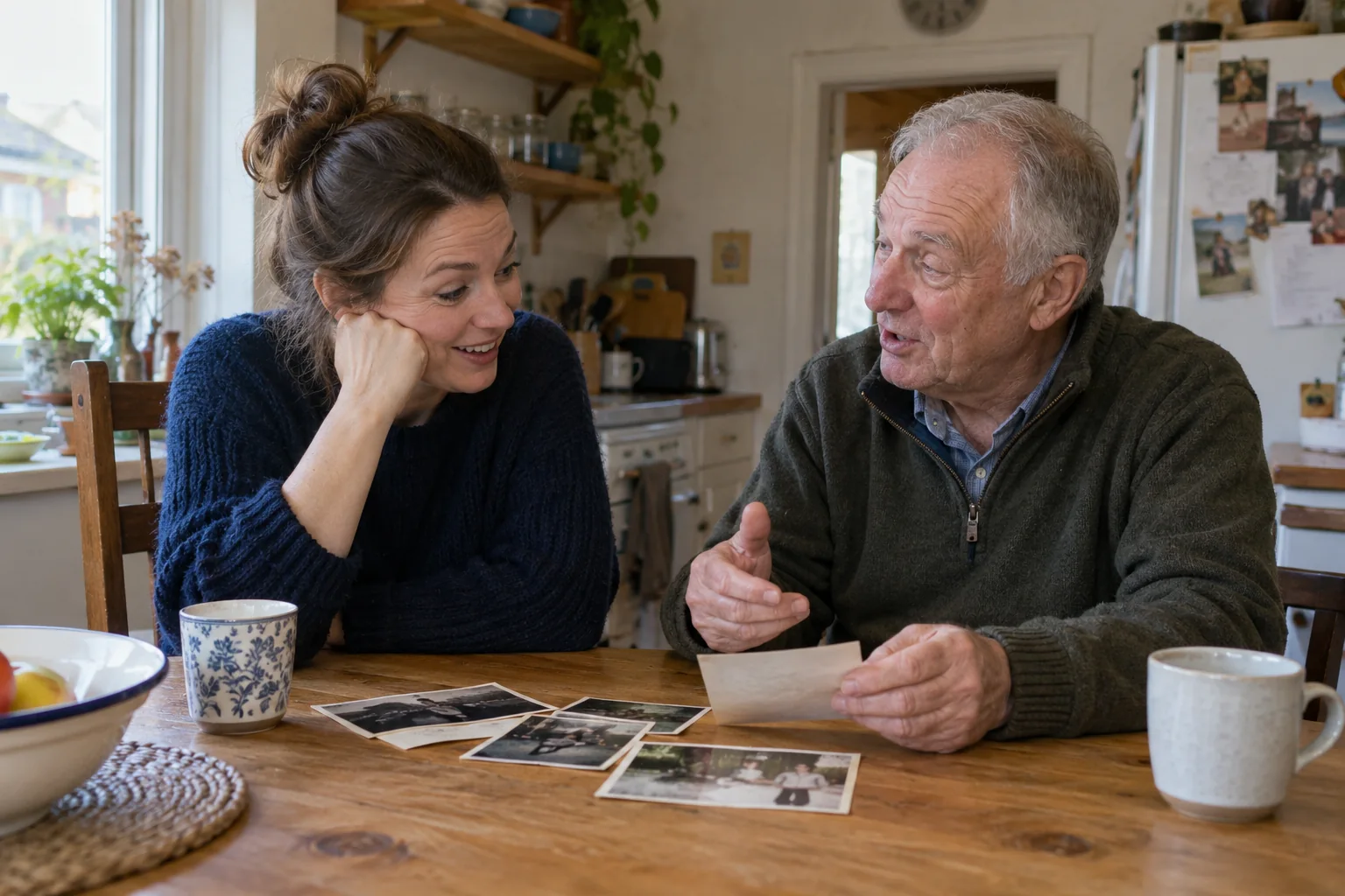 An adult daughter listening as her father shares a memory at a kitchen table