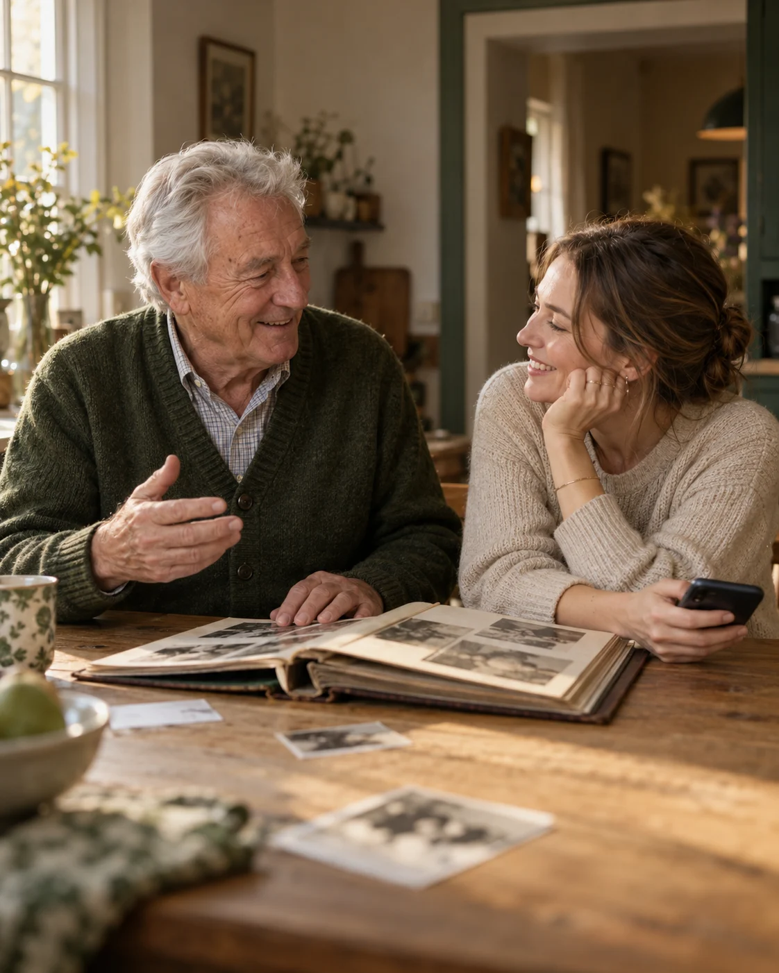 AI-generated photograph of an older father and his adult daughter looking through memories together