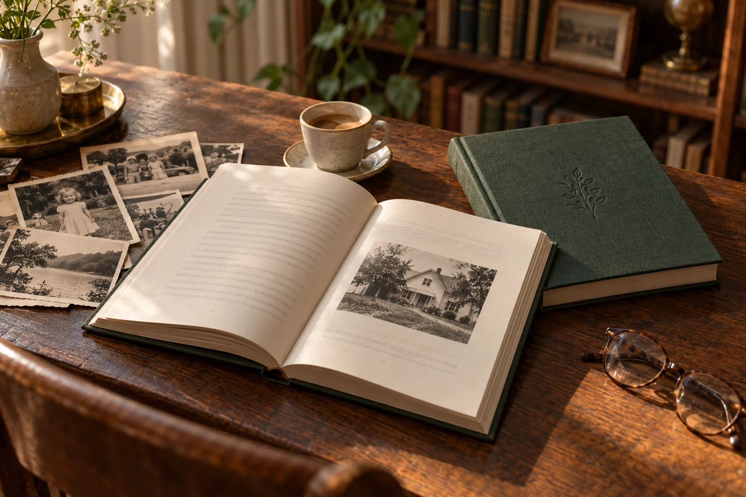 AI-generated concept photograph of memoir books and family photographs