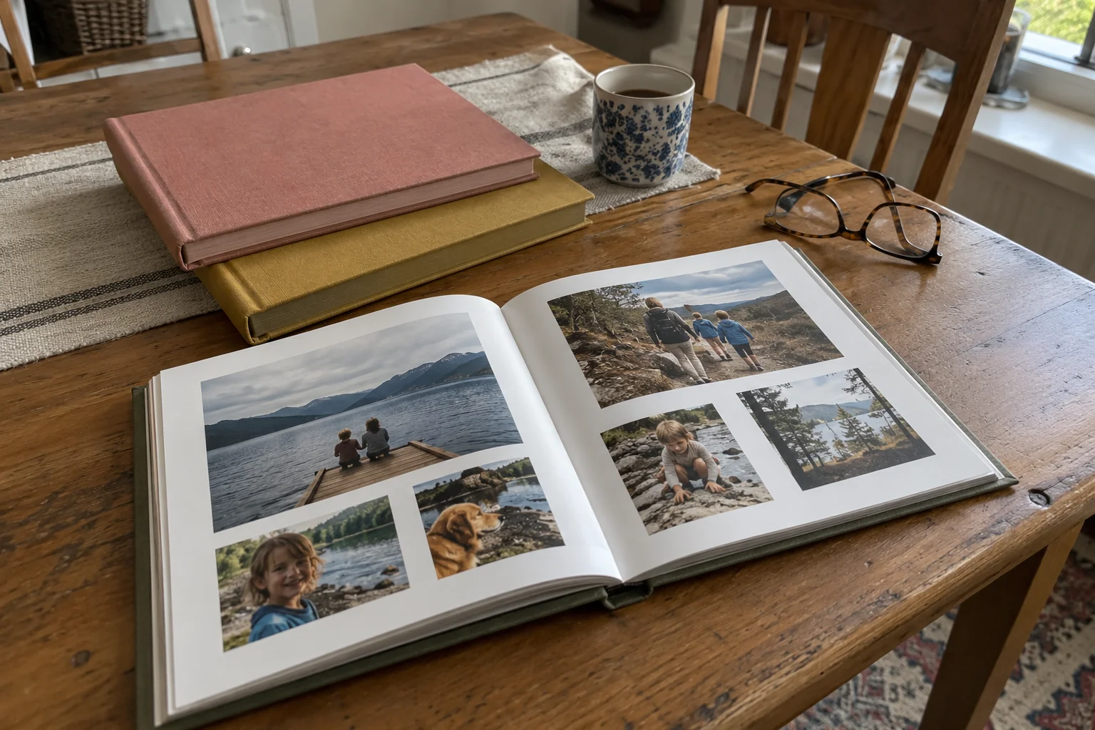 AI-generated concept photograph of memoir books and family photographs