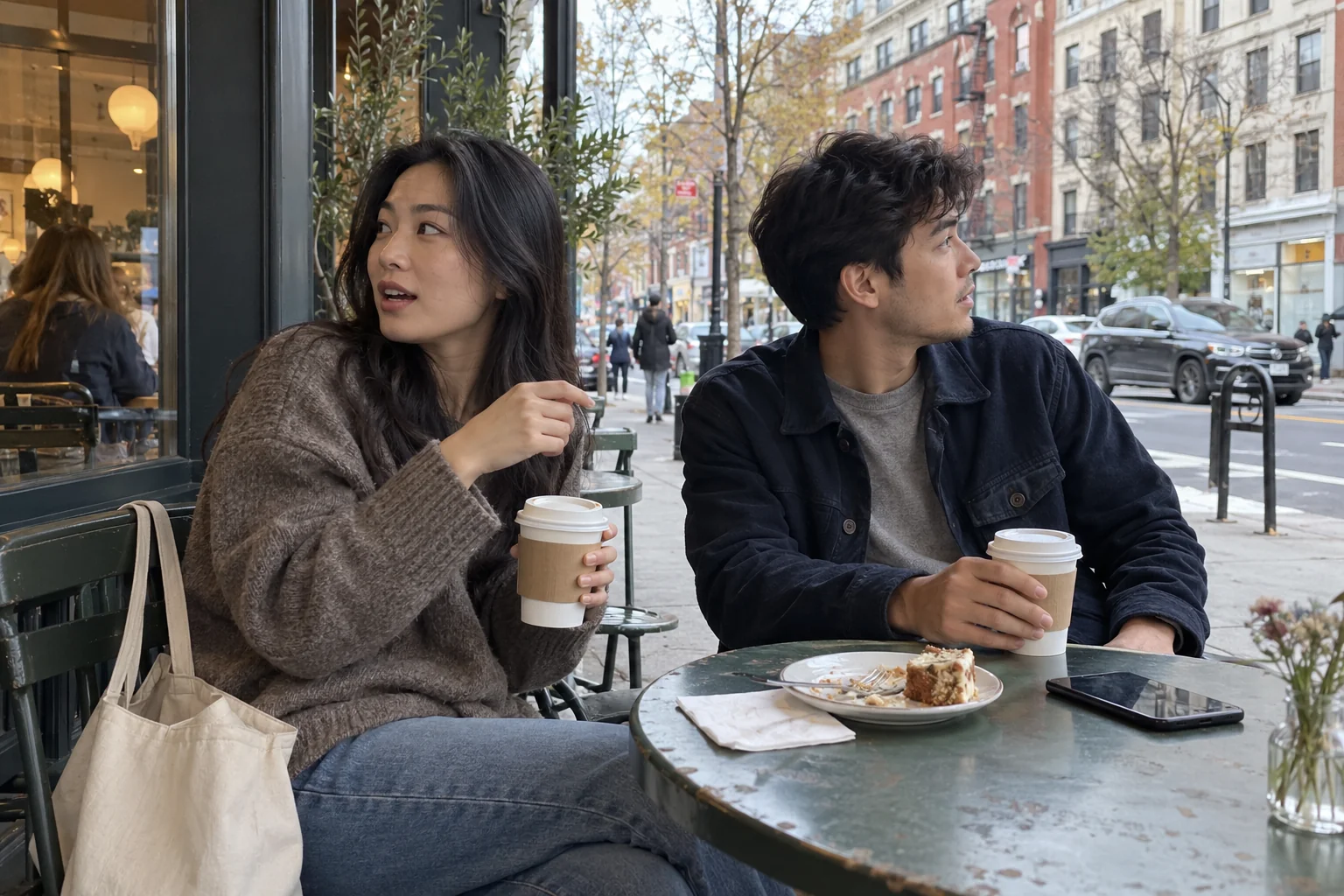AI-generated concept image: Two young adults noticing something outside a cafe window