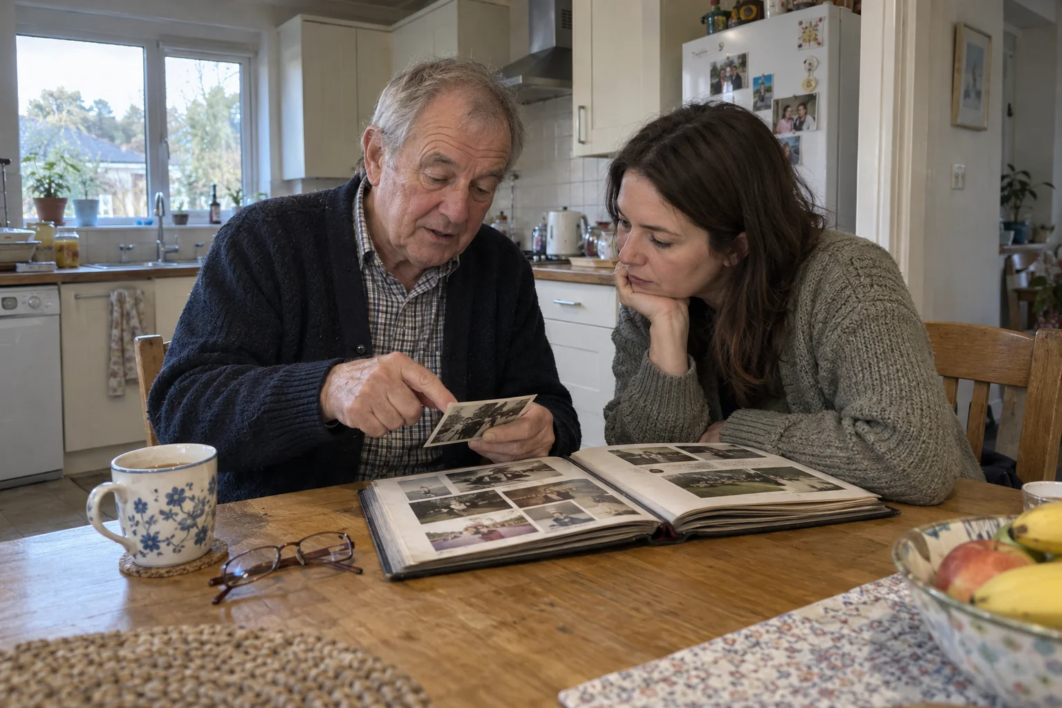 AI-generated photograph of an older father and his adult daughter looking through memories together