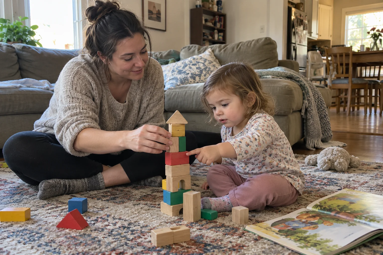 AI-generated concept image: A mother and toddler playing with wooden blocks at home
